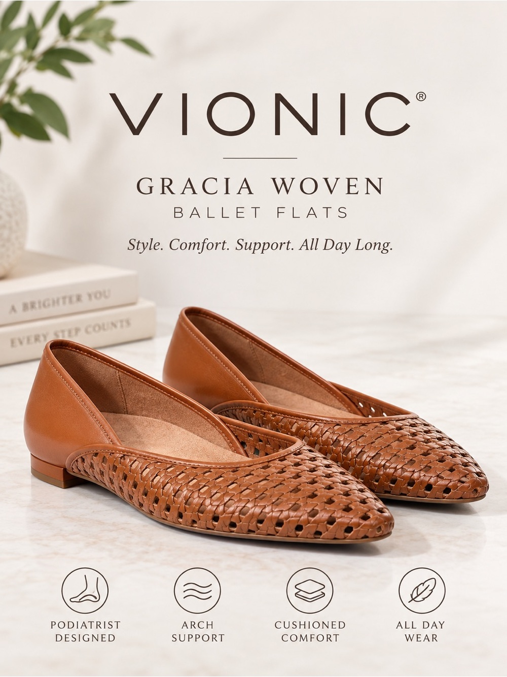 Vionic Gracia Woven Ballet Flats in Cognac Brown